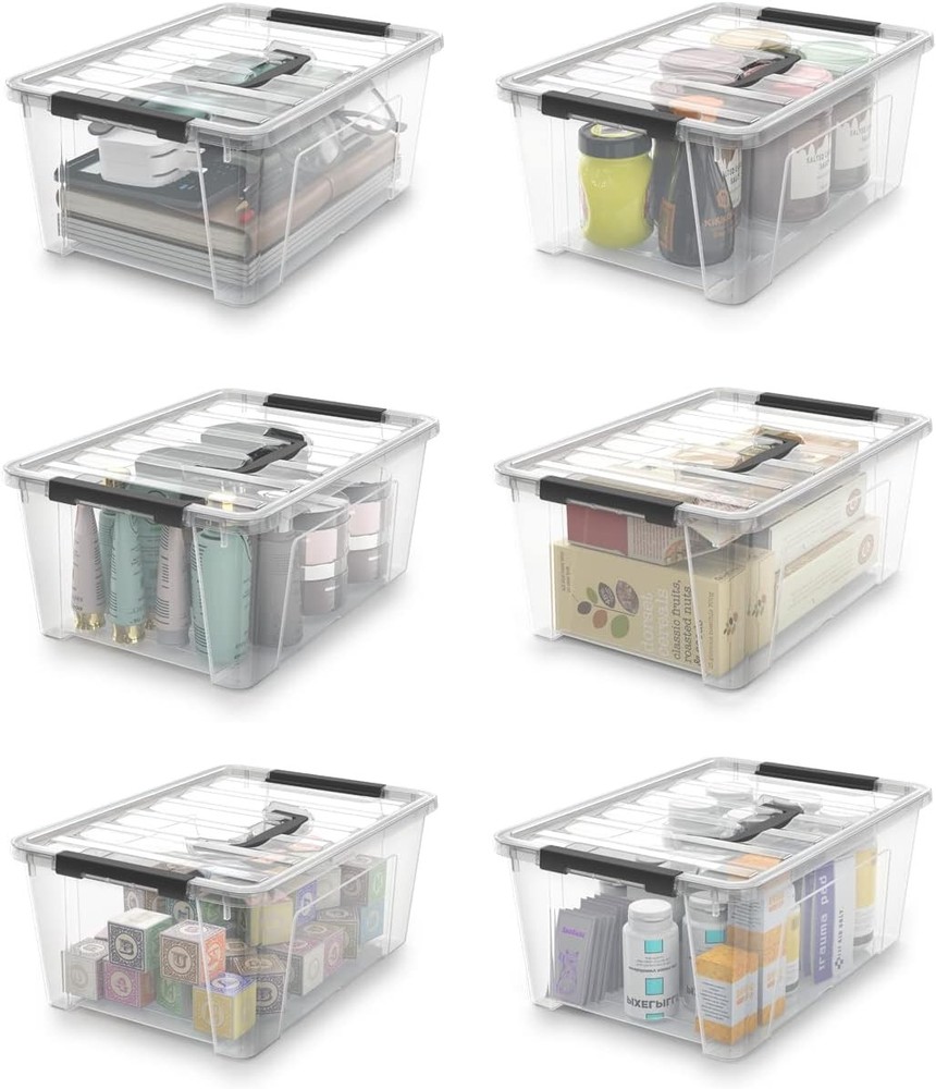 WYT Clear Storage Latch Bins, 6-Pack Organizer Box with Handle
