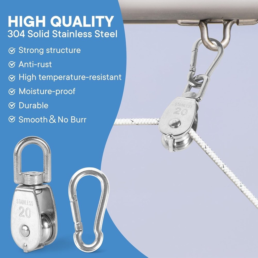 10Pcs Stainless Steel M20 Pulley Block with 10Pcs Spring Snap Hook Multi-Use
