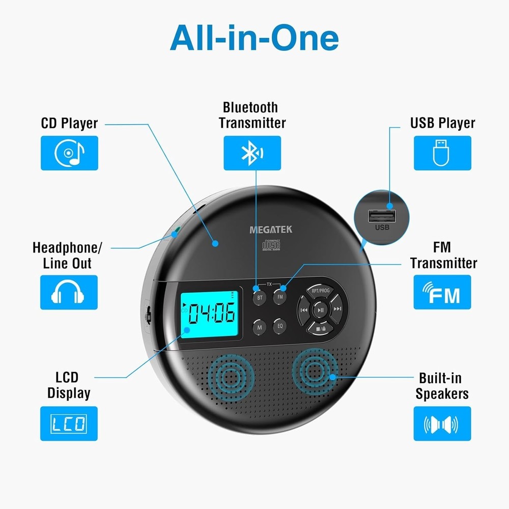 Portable Bluetooth CD Player for Car with FM Transmitter & Rechargeable Battery
