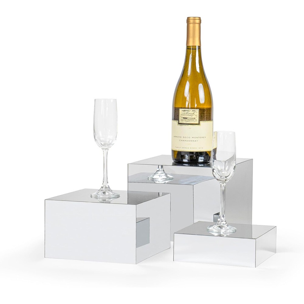 2 Pack Set of 3 Glossy Silver Acrylic Cube Display Nesting Risers Hollow Bottoms