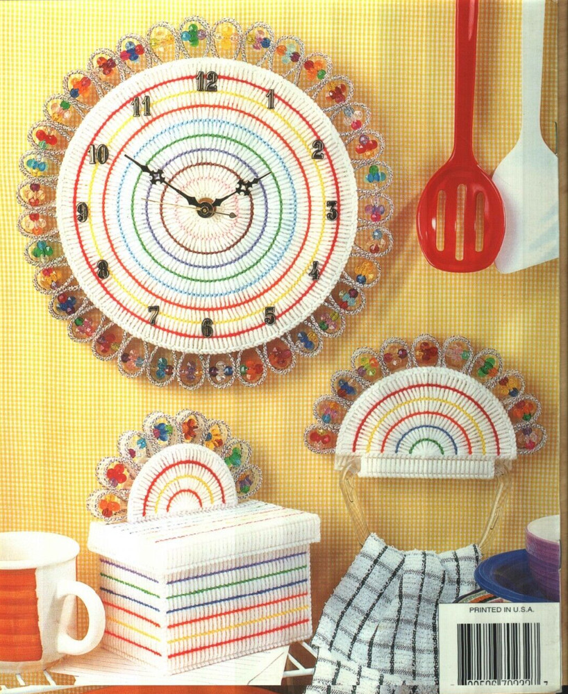 NEW RAINBOW KITCHEN SET CLOCK MEMO & NAPKIN HOLDERS PLASTIC CANVAS PATTERN BOOK