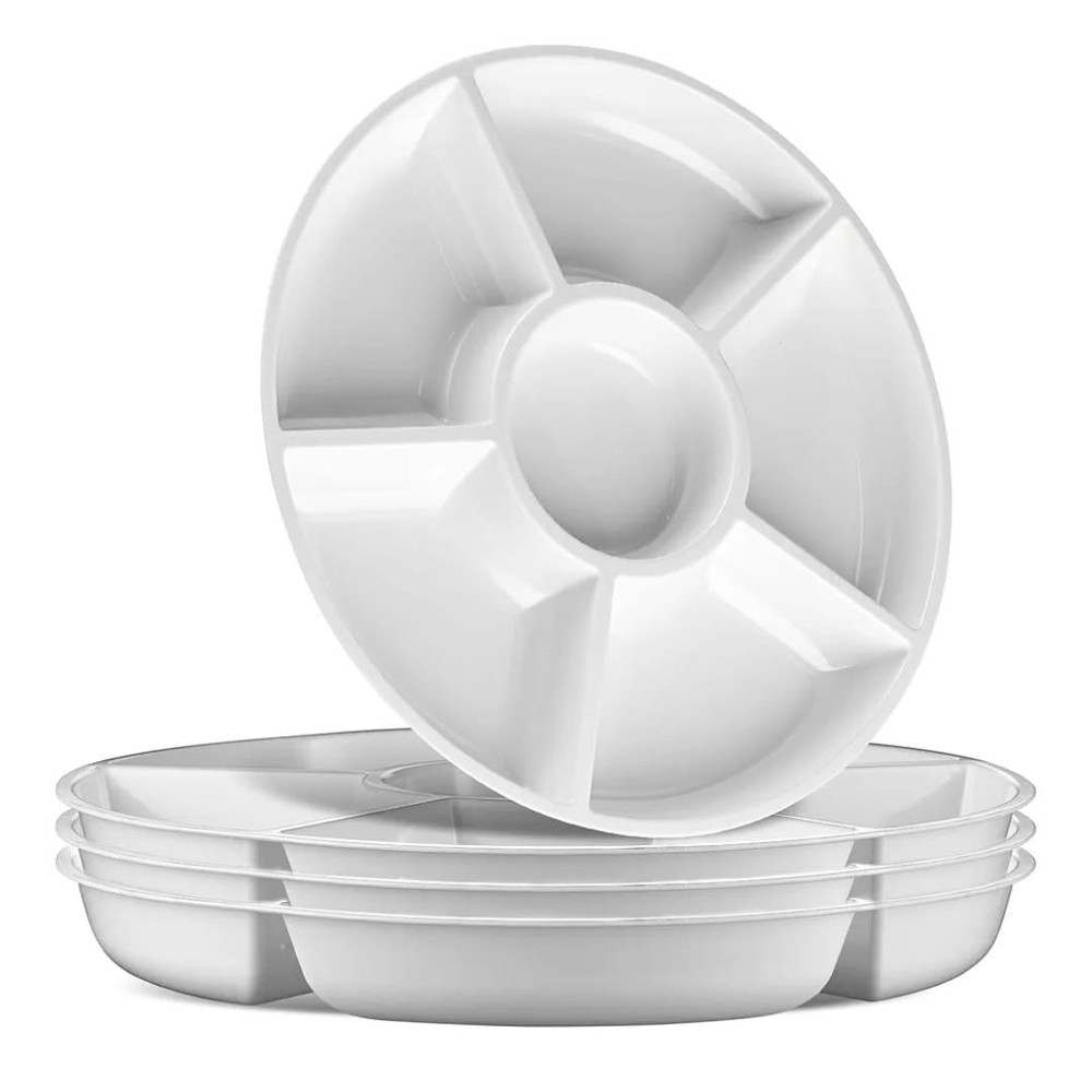 4 pack, Sectional Round Plastic Serving Tray/Platter (White)
