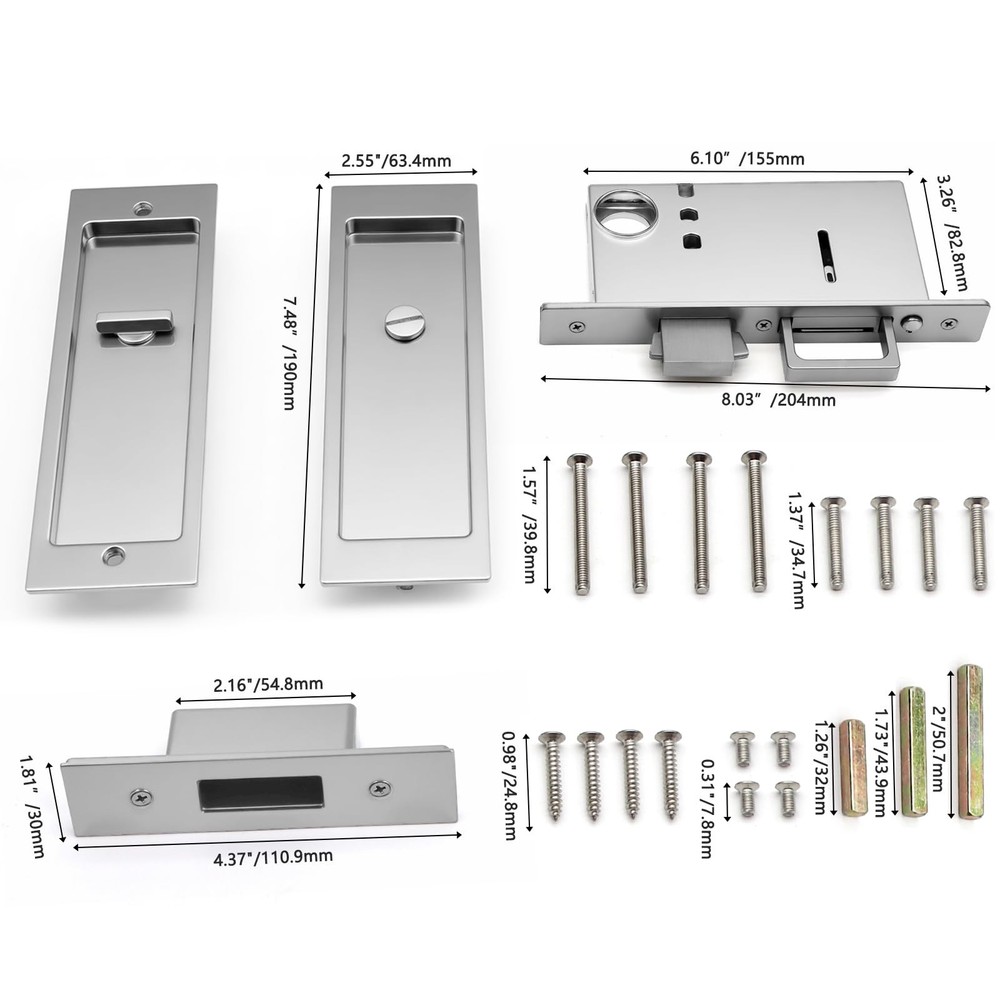 Rectangular Privacy Pocket Door Mortise Lock and Edge Pull, Narrow Modern Sli...