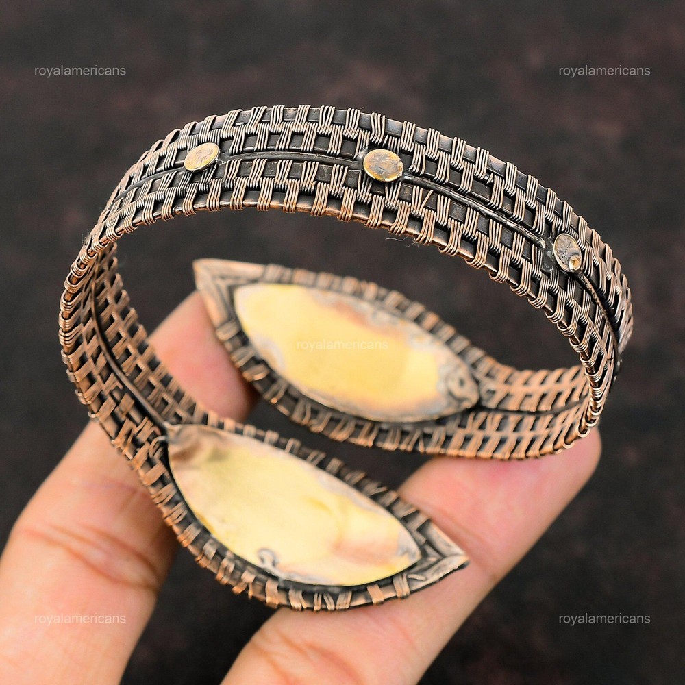 Copper Oval Rainbow Moonstone Gemstone Handcrafted Twisted Boho Bangle Jewelry