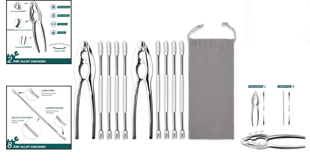 Durable 10-Piece Lobster Cracker & Fork Set - Ergonomic & Dishwasher Safe Tools
