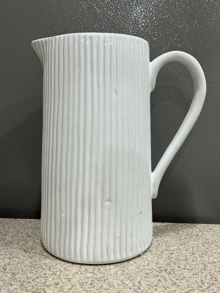 9”x5” White Ceramic Ribbed Pitcher or Vase Decor Unmarked in EUC