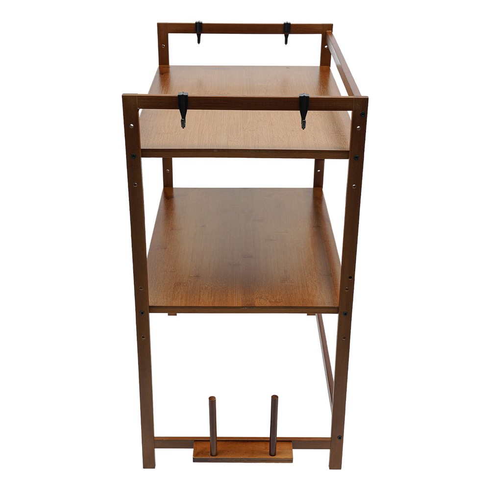 2 Tier 4 Hook Kitchen Storage Rack for Microwave Oven Stand Shelf Organizer