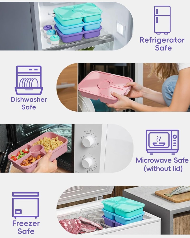 4 Pcs Bento Snack Box Containers, 4 Compartment Divided Stackable Food Storage C