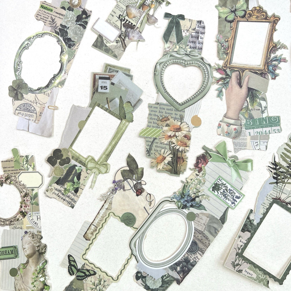 Vintage Style Green Collage Die Cut Spring Garden Frame Junk Journal Scrapbook