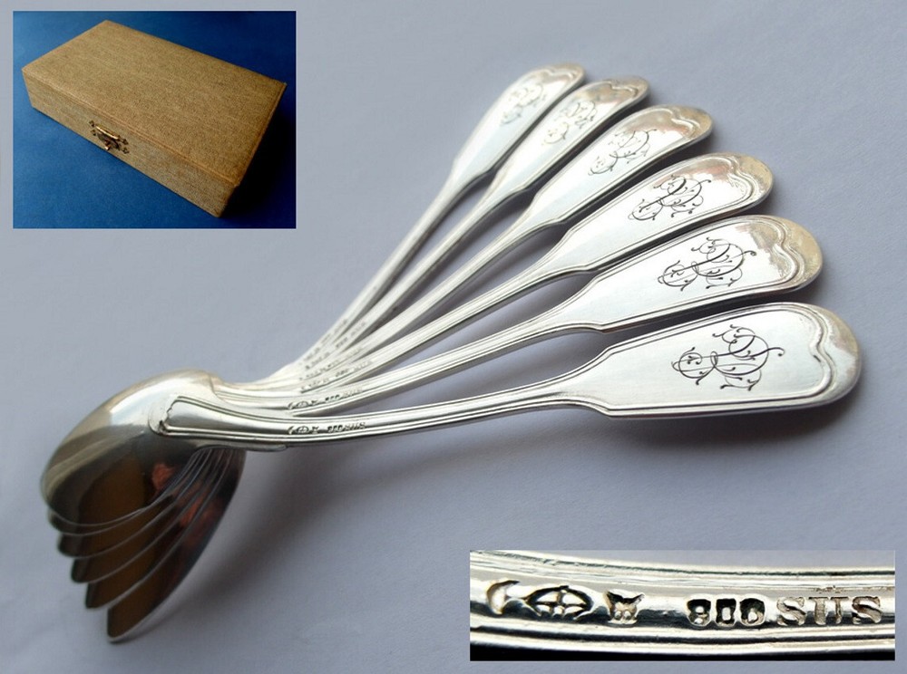 Set, 6 Tea Spoon, Thread Augsburger, Sus , 800er Silver, Um 1900 E558