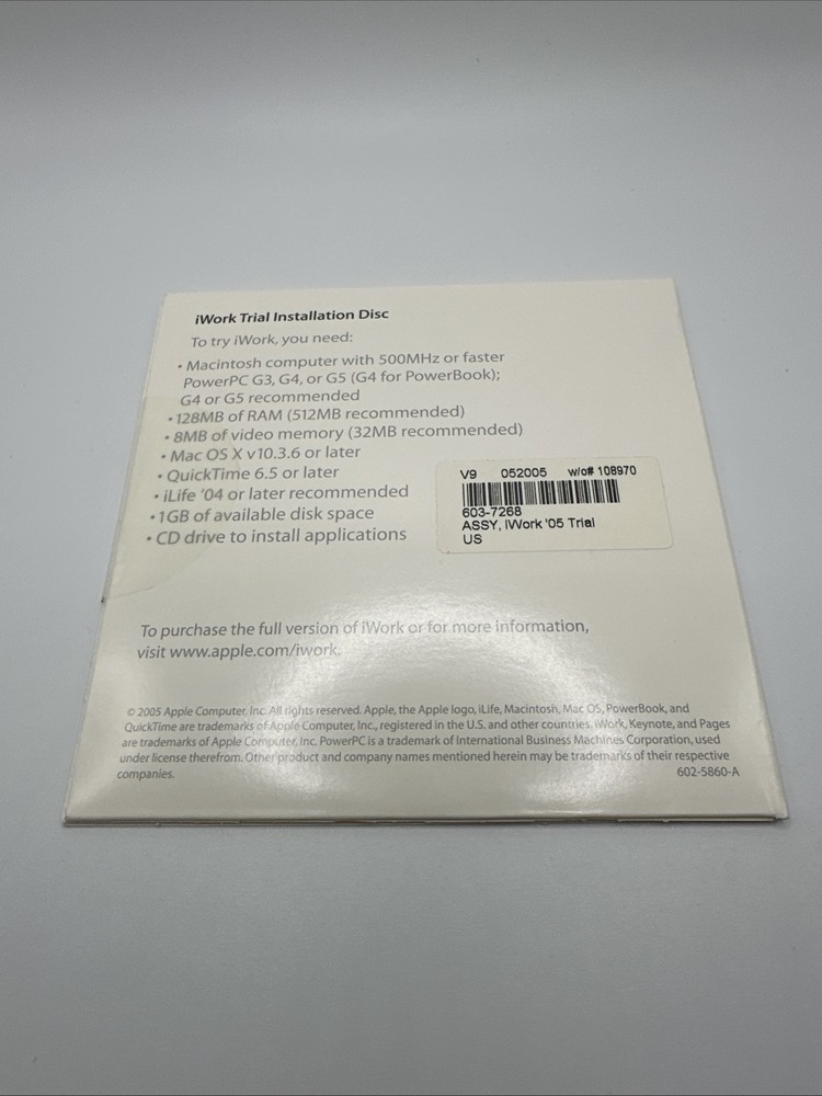 Apple iWork '05 Trial Version CD-ROM Package 603-7268-C