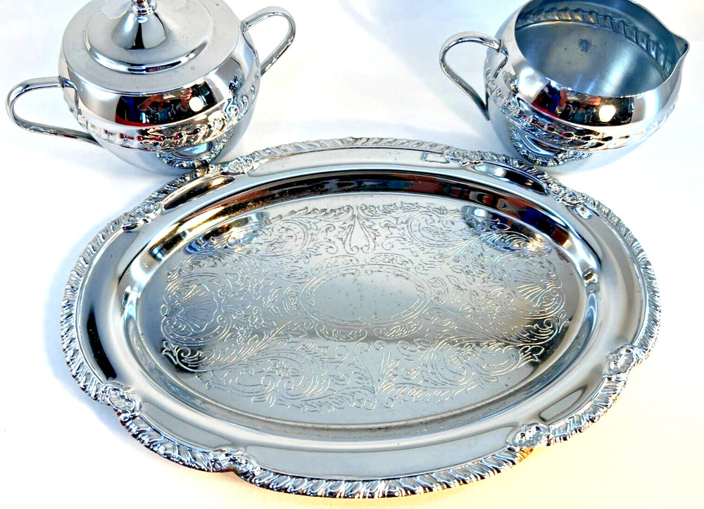 Irvinware Tray With Scrollwork Lidded Sugar Bowl and Creamer