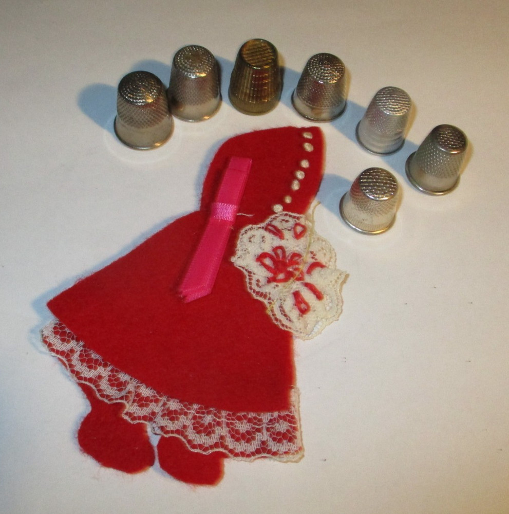 7 Metal Thimbles & Hand Made Felt Red Riding Hood Needle Holder