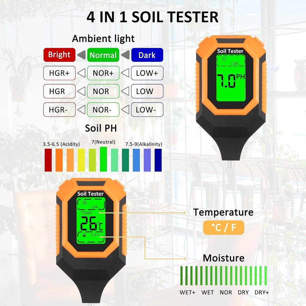 4-in-1 Digital Soil Moisture Meter with PH, Temp & Light Sensor – LCD Display