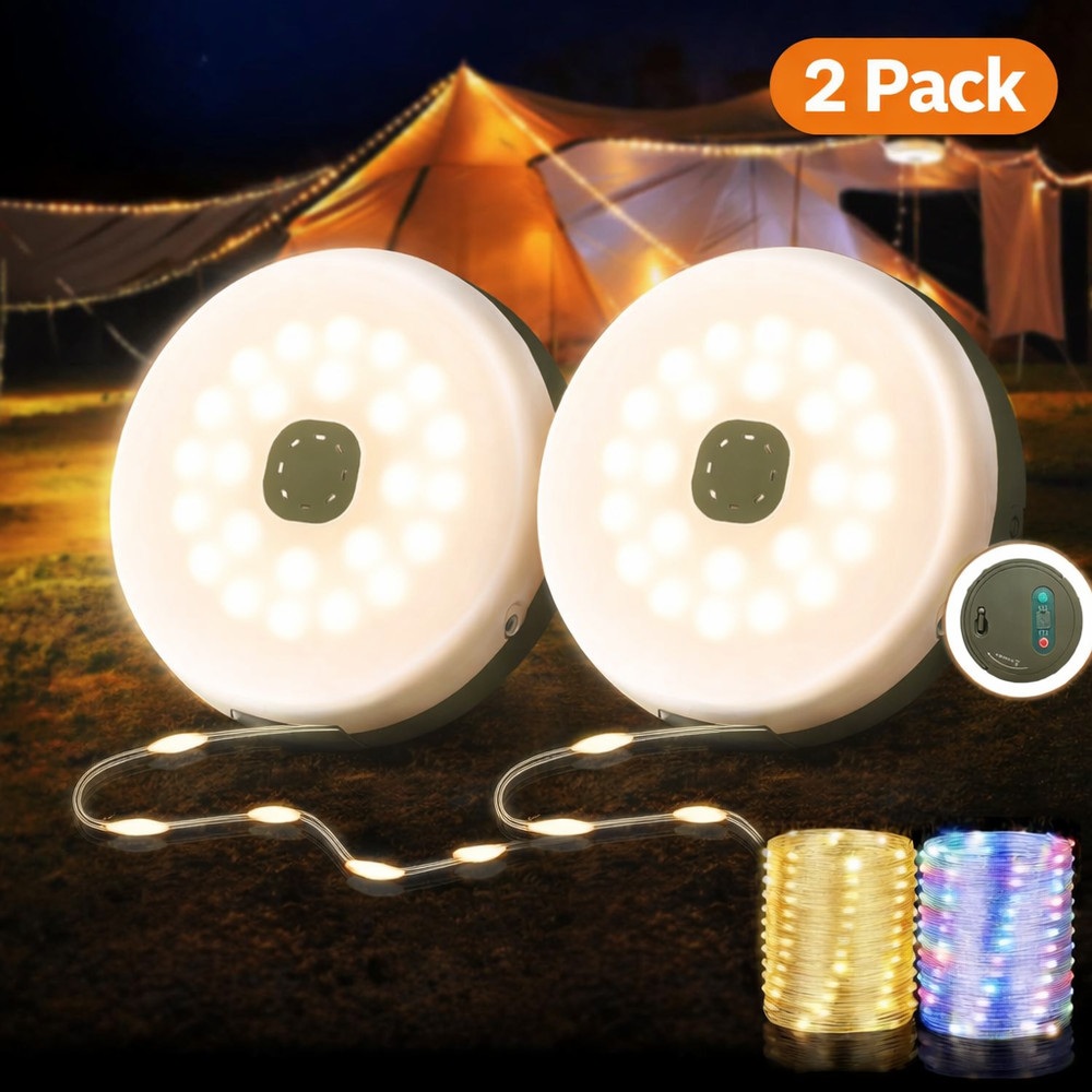 2 Pack Rechargeable Camping String Lights 32.8FT 8 Modes Waterproof Portable