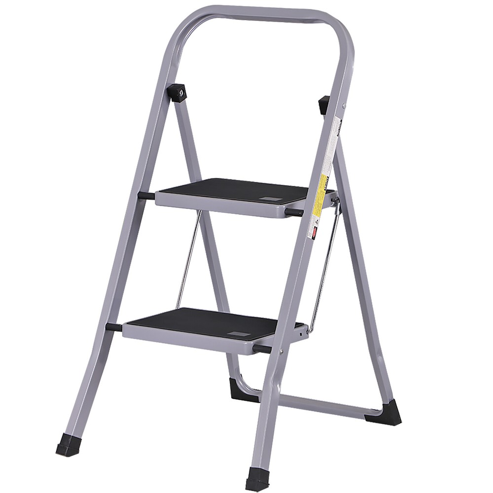 2 Step Ladder Folding Step Stool w/ Soft Grip Handle & Wide Pedal Indoor Gray