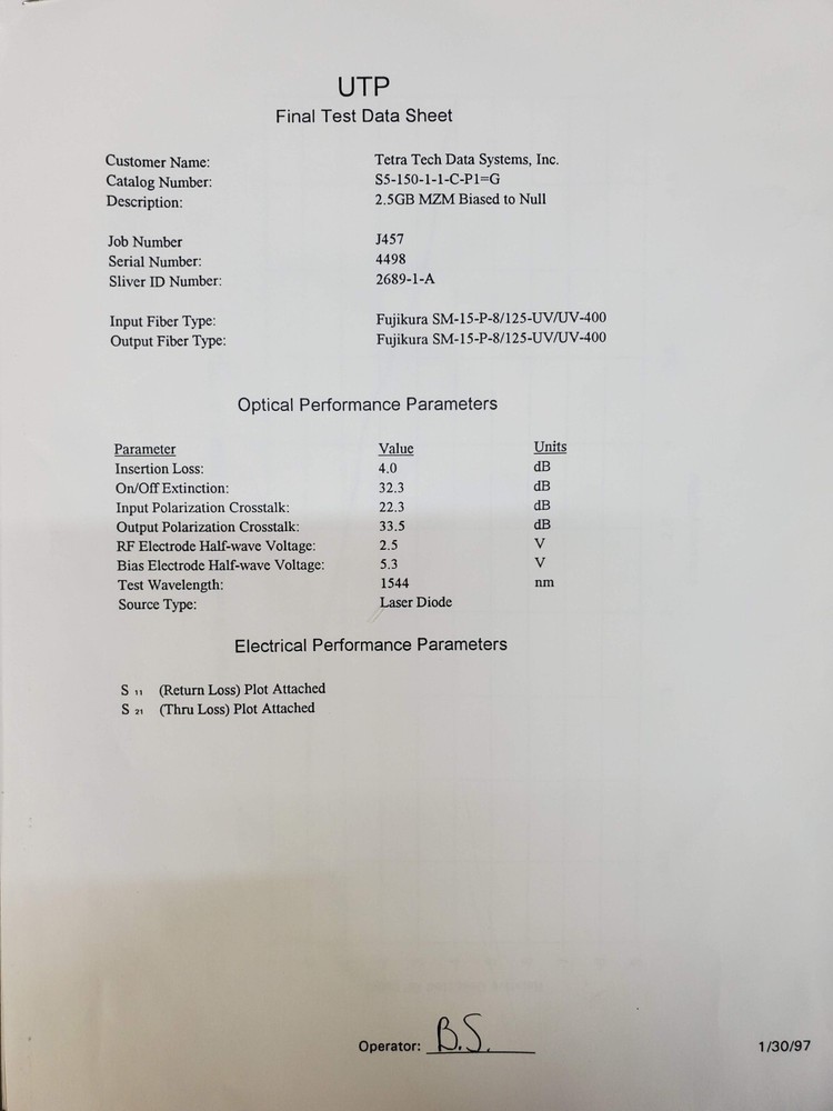 United Technologies Photonics S5-150-1-1-C-P1=G MzmWave Modulator