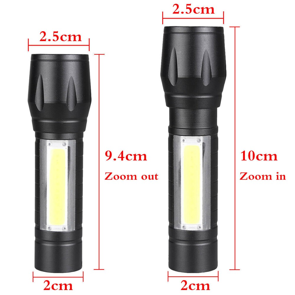 4x COB LED Torch - USB Rechargeable, Zoomable, Tactical Mini Flashlight Lamp