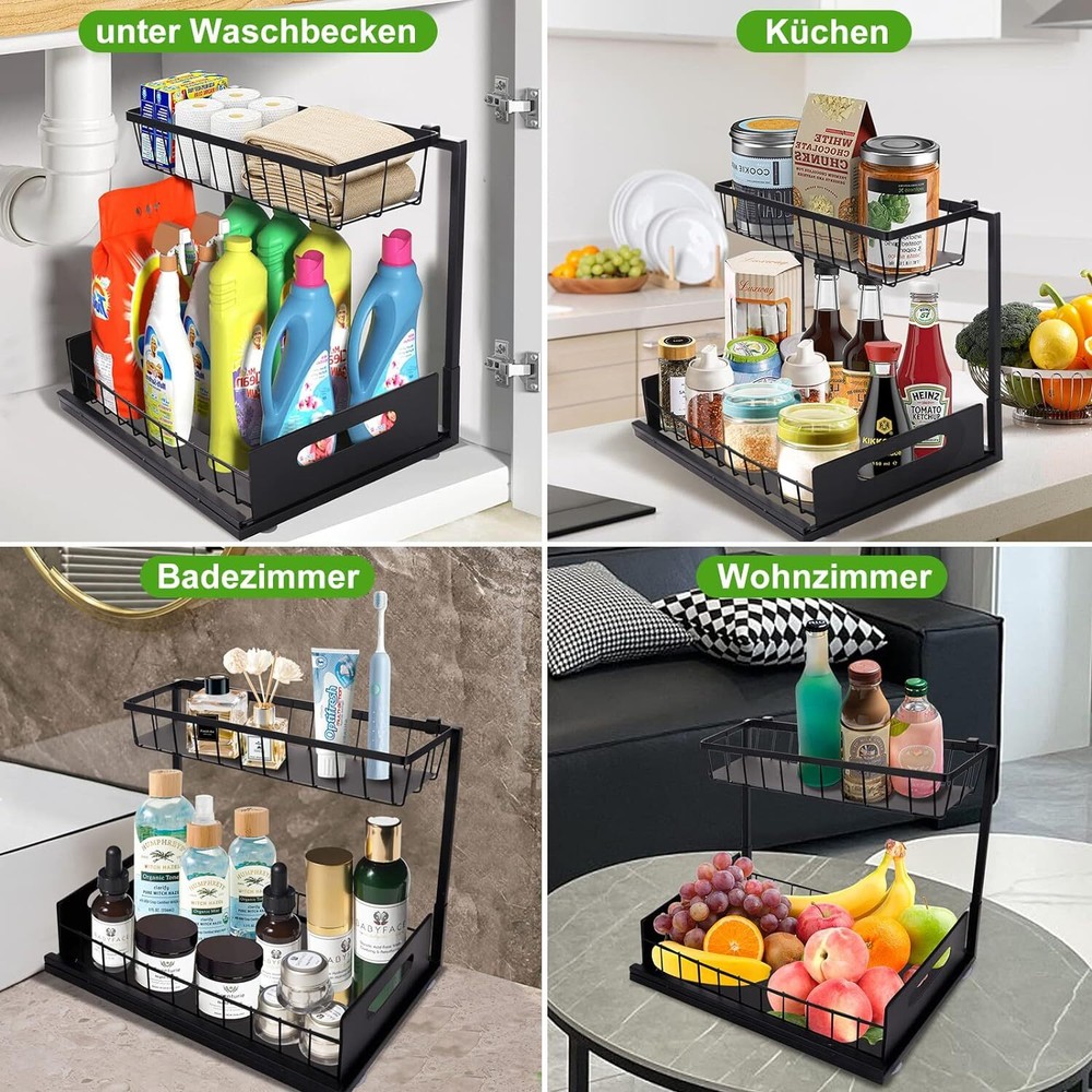 Sliding Under Sink Organizers and Storage for Kitchen Bathroom L-Shaped 2-Tier