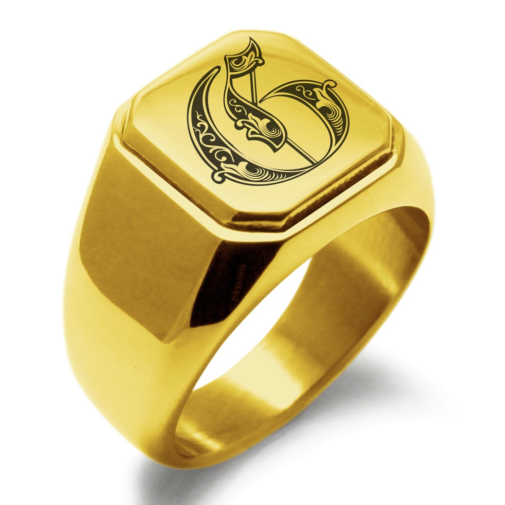 Stainless Steel Monogram Royal Initial G Mens Square Biker Style Signet Ring