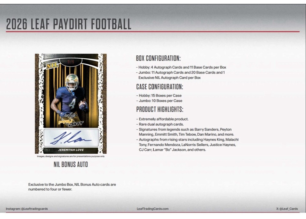 2026 LEAF PAYDIRT FOOTBALL HOBBY BOX