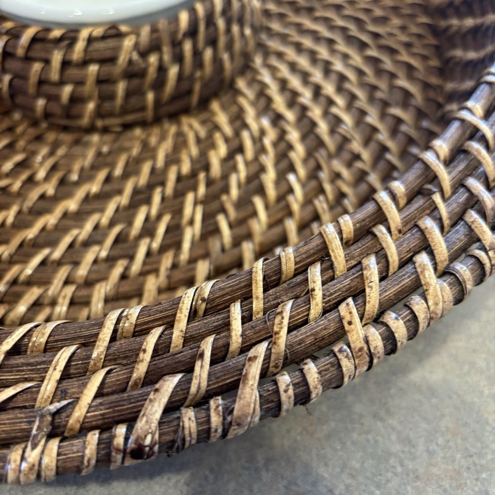 Sur La Table Rattan Chip & White Stoneware Dip Bowl 16” Diameter