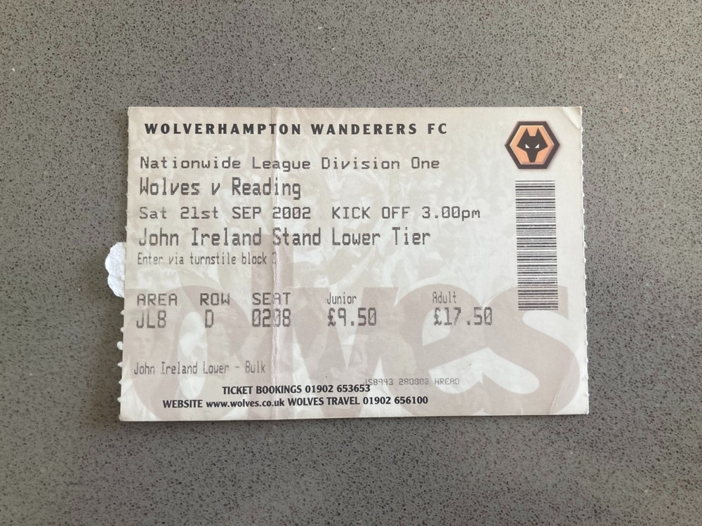 Wolverhampton Wanderers v Reading 2002-03 Match Ticket