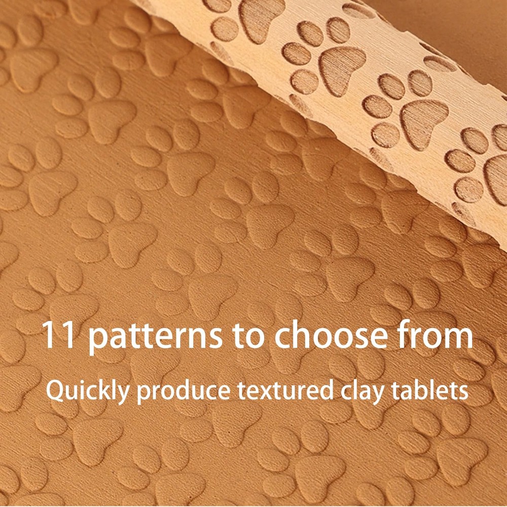 11-Pc Wood Texture Roller Set – Embossed Pattern Clay Rolling Pins & Carved S...