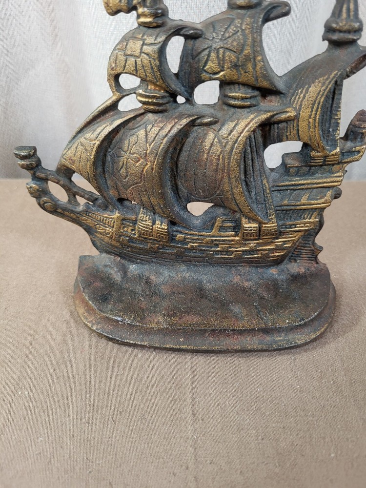 Vintage Cast Iron Ship Book End Bronze Toned Finish