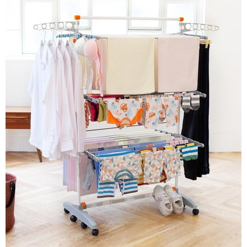 Portable Folding Drying Rack W/ Adjustable Shelves & Wheels Laundry Storage New