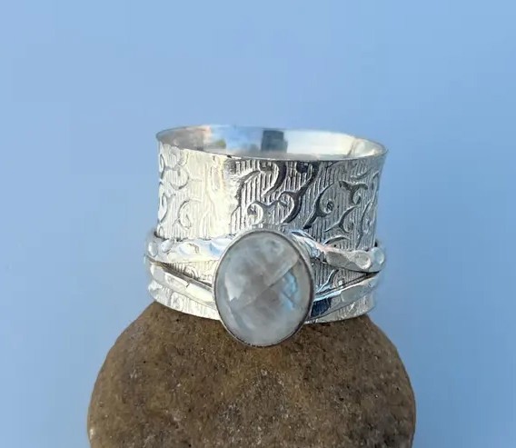 Solid 925 Sterling Silver Natural Rainbow Moonstone Boho Wide Band Spinner Ring