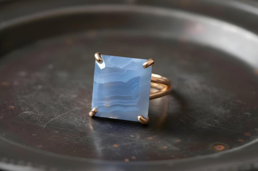 Blue Lace Agate Ring Anemone Handmade Square Cut 14k Gold Statement