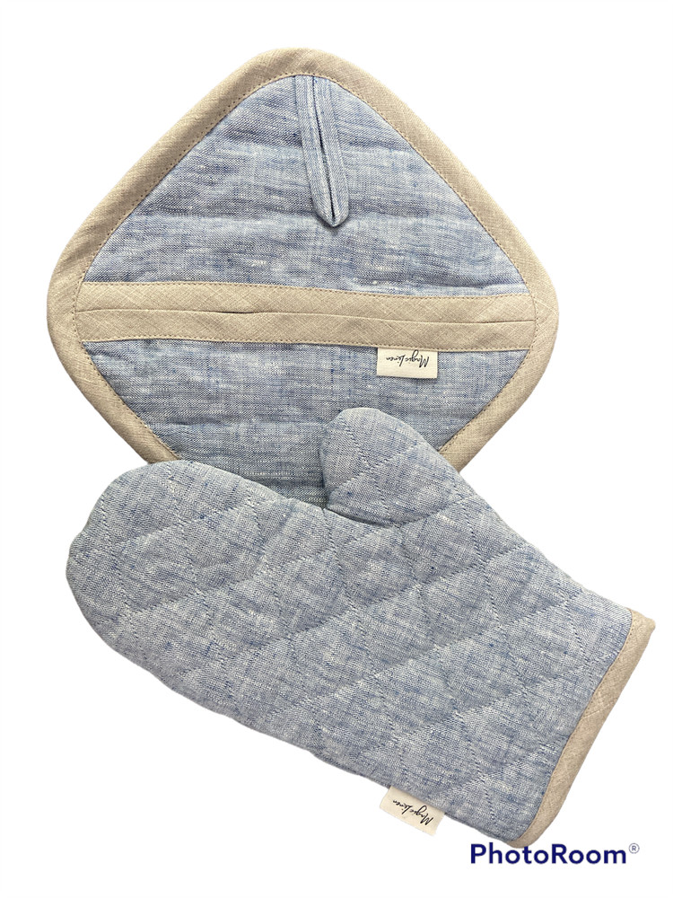 NEW Magic Linen Pot Holder & Oven Mitt Kitchen Gift Set Solid Blue or Tan Stripe