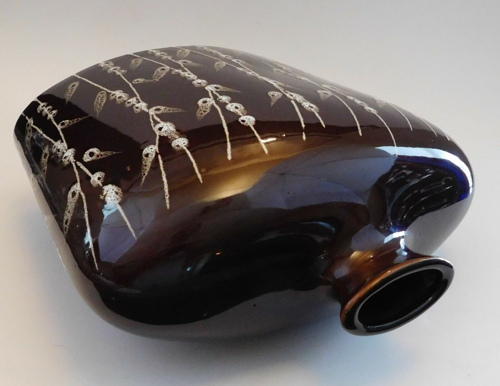 Vase Ceramic Large Brown White Grass Leaf Pattern Bottle Shape Unmarked