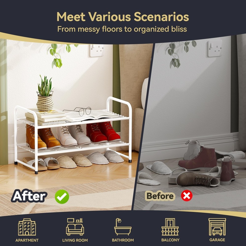 2 Tier Shoe Rack Organizer for Closet, Stackble,White White 2 Tier