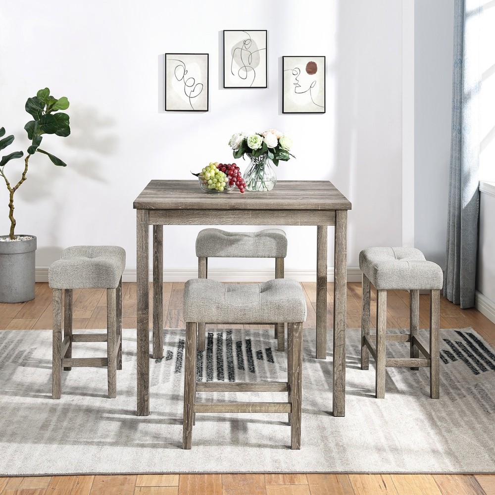 5 Piece Dining Table Set Square Wooden Table with 4 Upholstered Saddle Stools