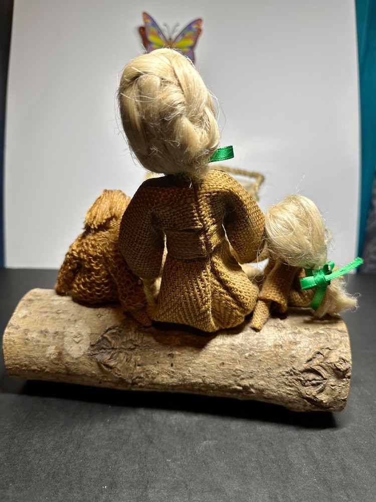 Vintage Burlap Figures Sitting On Real Log
