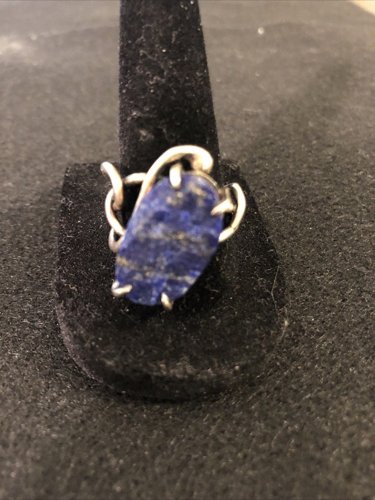 Lapis Raw Set In Free Form SS925 Sz 8