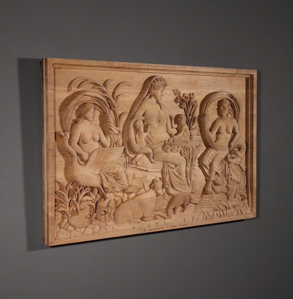 Large Vintage Highly Carved Panel Solid Oak After "The Tellus Panel" in Rome