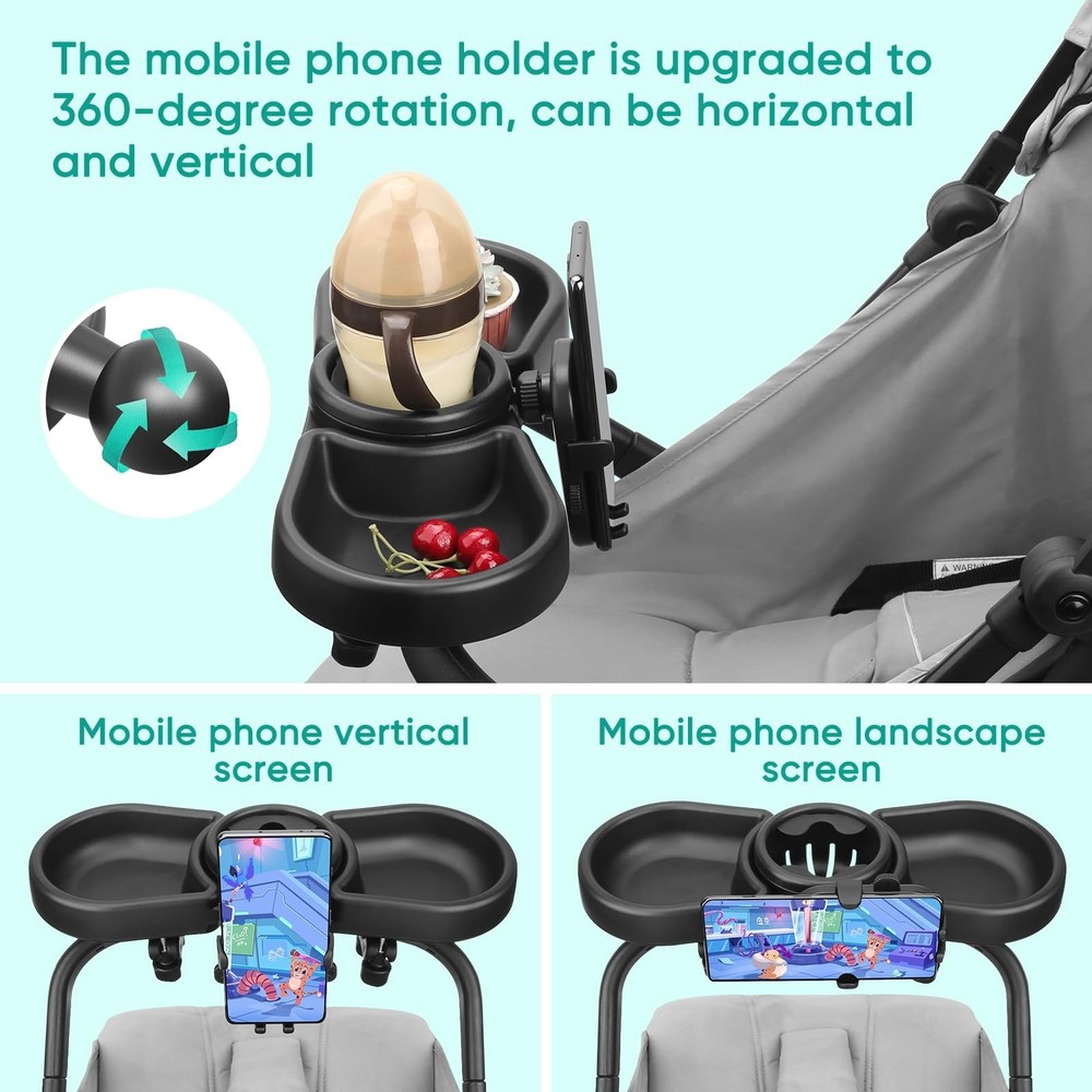Multi Function Stroller Snack Tray 4 in 1 Cup & Phone Holder Double Tray