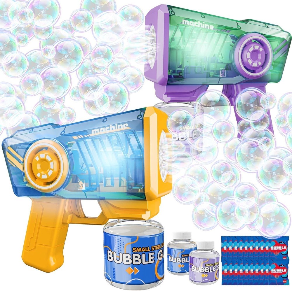 2 Packs Automatic Bubble Machine with 2 Bottles &25 Bags Refill, LED Light