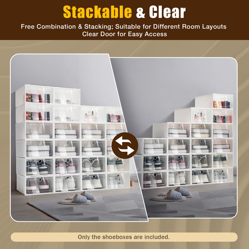 24 Pack Shoe Organizer Stackable Foldable Shoe Rack Clear Plastic Box Container