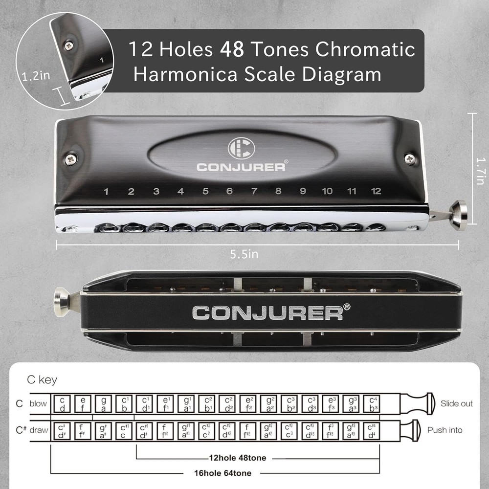 12 Hole Chromatic Harmonica C Key Mouth Organ Professional Harmonica with Case