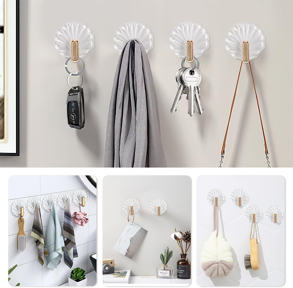8PCS Shell Clear Adhesive Hooks - No Drill Removable Waterproof for Bathroom, Sh