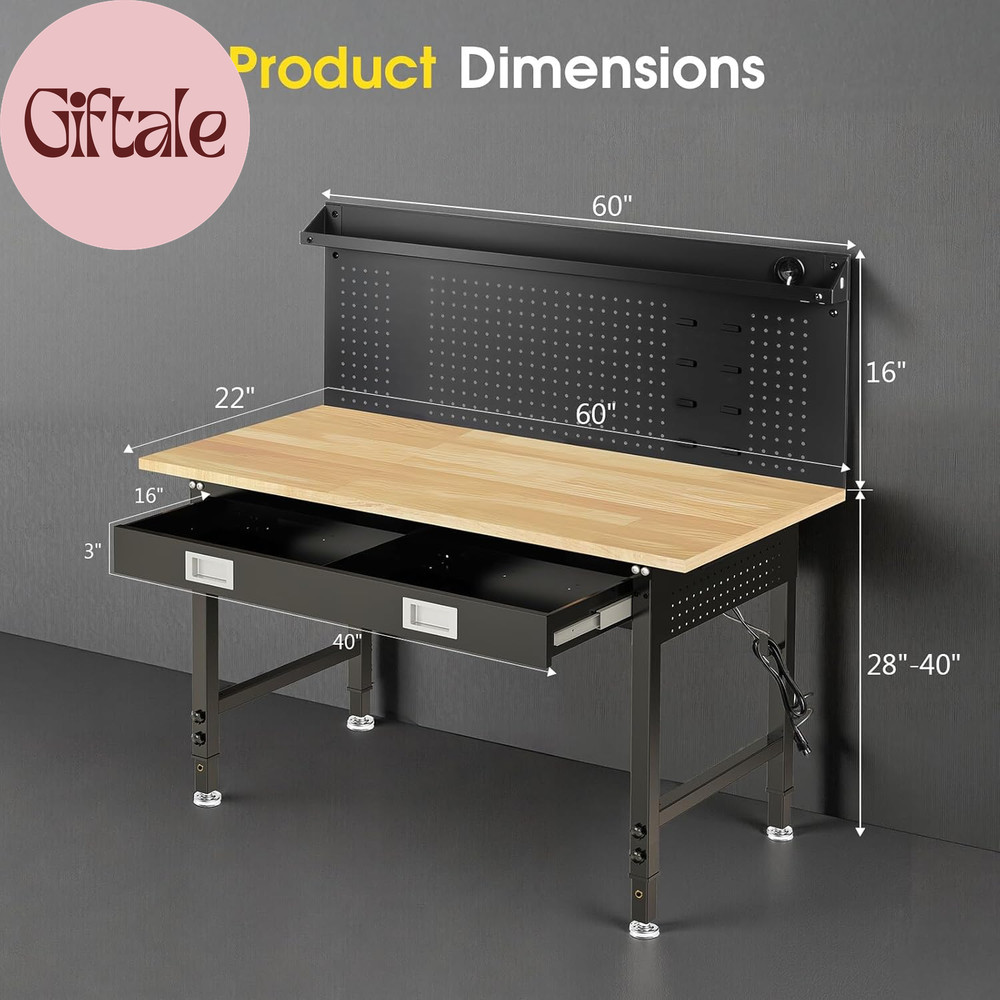 60" Adjustable Work Bench with Drawers, Workbench for Garage with Strip Light, W