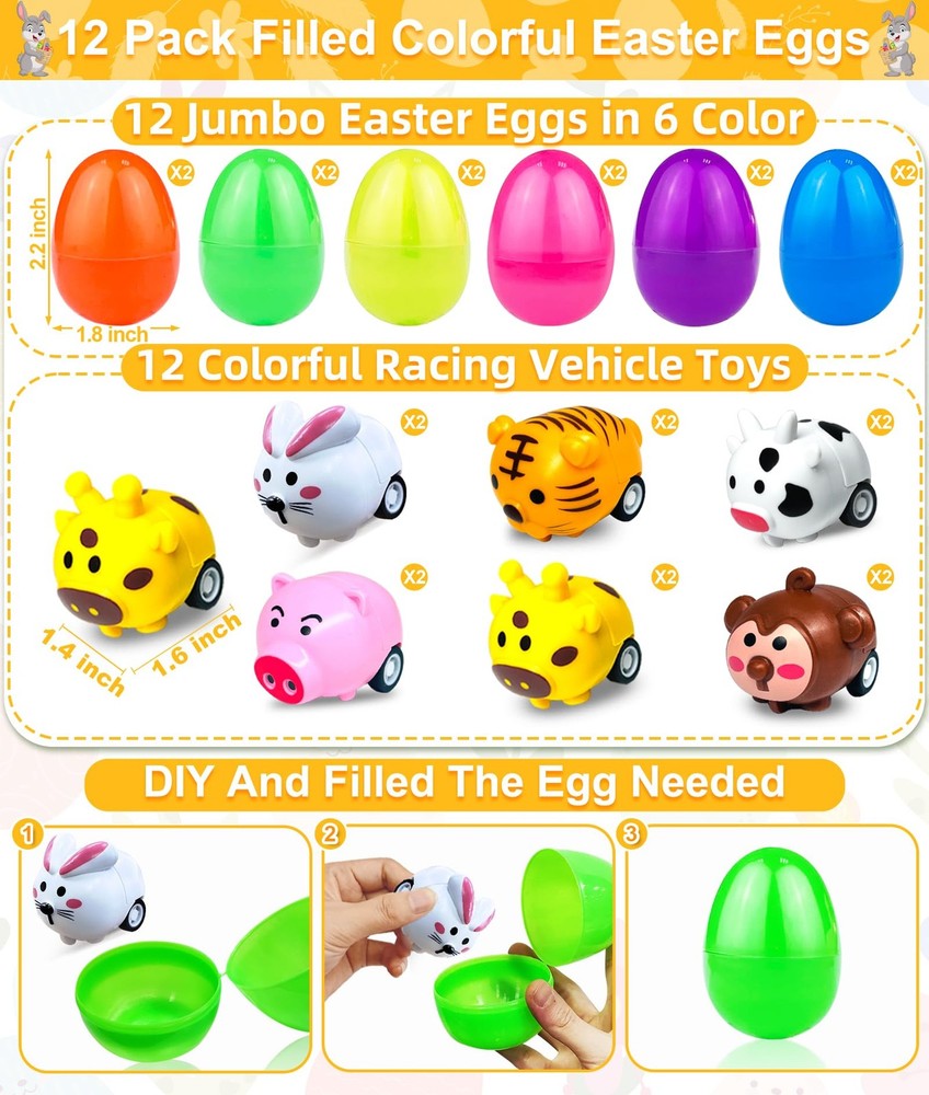 12 Pack Filled Easter Eggs with Toys Inside, Animals Bunny Pull Multicolor