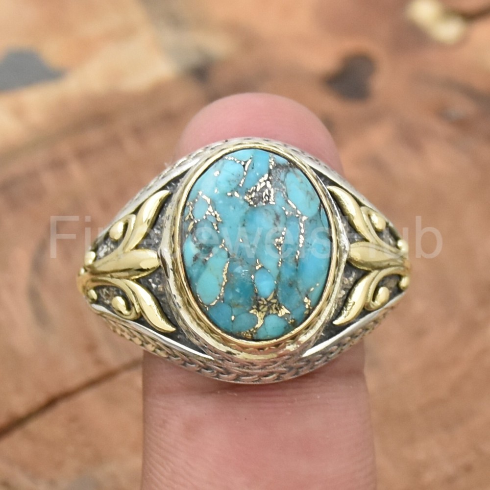 Blue Turquoise Ring 925 Sterling Silver Ring, Men's Ring Two Tone Ring Boho Ring