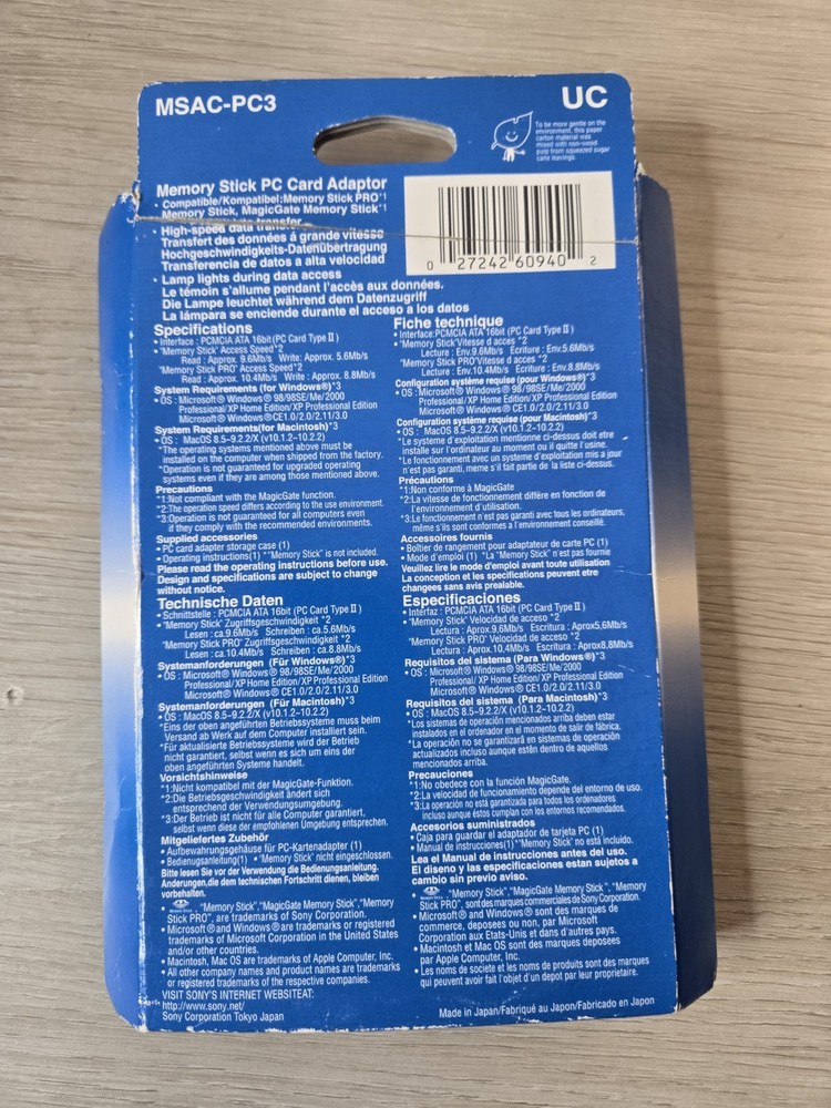 SEALED Sony MSAC-PC3 PC card Adapter new memory stick J117