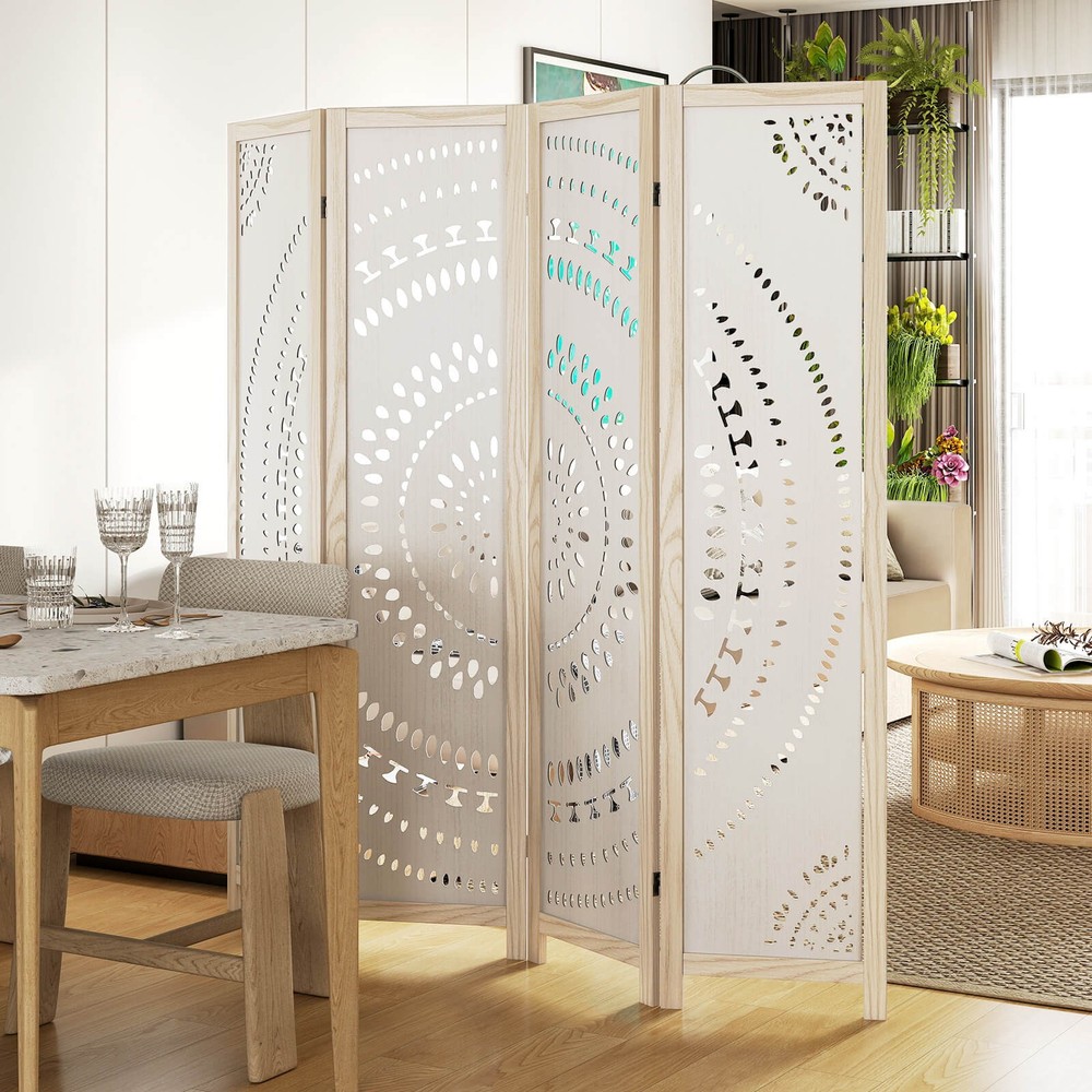 66" Boho 4-Panel Room Divider with Carved Pattern & Solid Wood Frame 360° Hinges