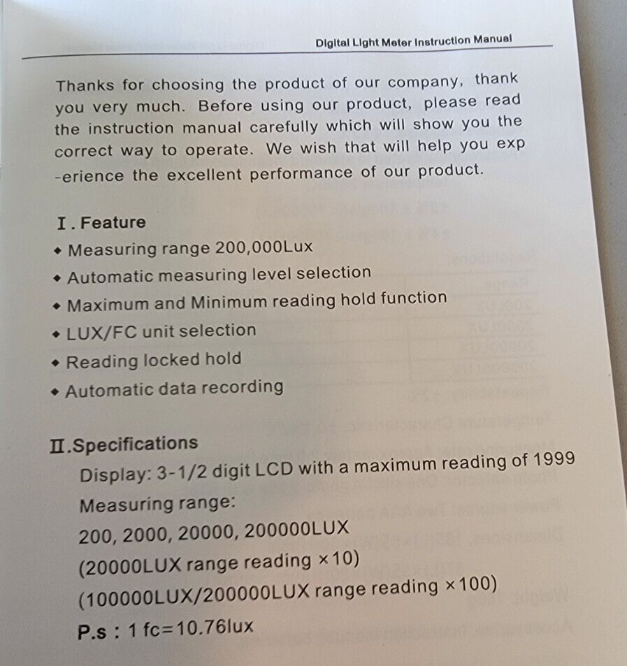 NEW Digital Light Meter 0 - 200,000